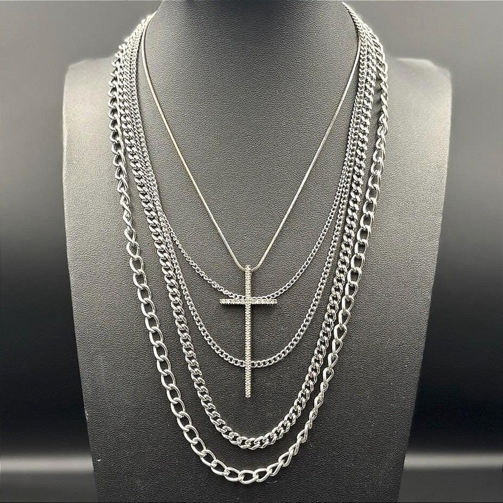 Vintage Rhinestone‎ Encrusted Cross Charm Pendant Layered Chain Necklace Set